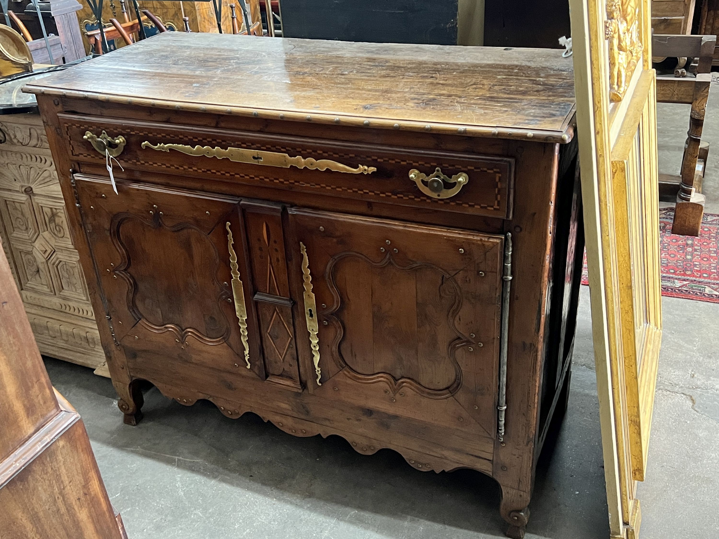 A 19th century French brass mounted inlaid oak and walnut buffet, length 136cm, depth 63cm, height 112cm